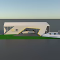 Modern White Geometric Building With Green Lawn And Outdoor Seating Space