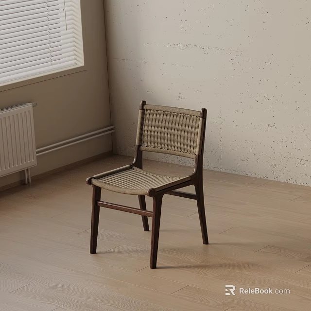Dining Chair with Woven Seat and Back Dark Brown Wooden Frame in Minimalist Interior 3d model 