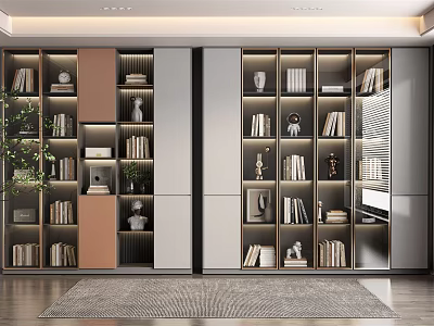 Modern Bookcase Interior Design With Layered Shelves Built in Lighting And Decorative Items 3d model