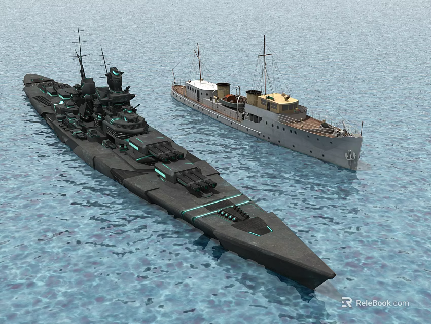 Warship and Small Ship Floating Together on Blue Ocean Water 3d model 