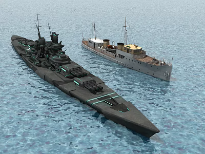 Warship and Small Ship Floating Together on Blue Ocean Water 3d model