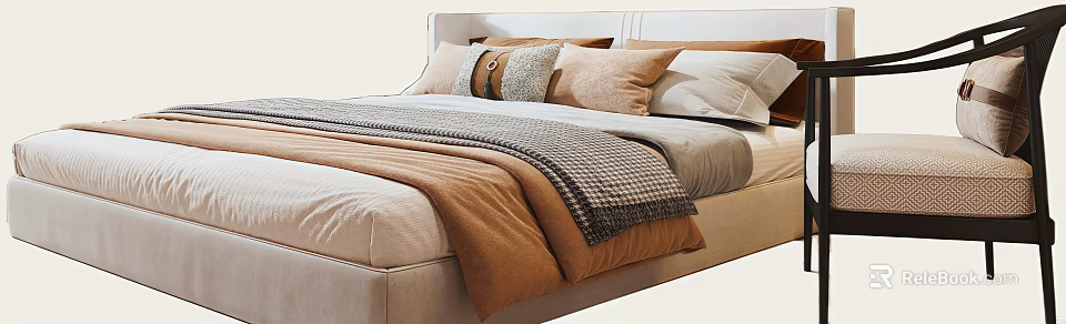 Modern Cozy Double Bed With Soft Pillows And Checkered Woolen Blanket 3d model 