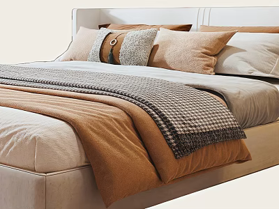 Modern Cozy Double Bed With Soft Pillows And Checkered Woolen Blanket 3d model