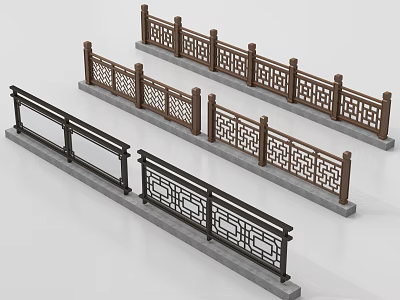 Railings with Intricate Carved Patterns Various Styles Dark Brown and Black Colors Concrete Base Design 3d model