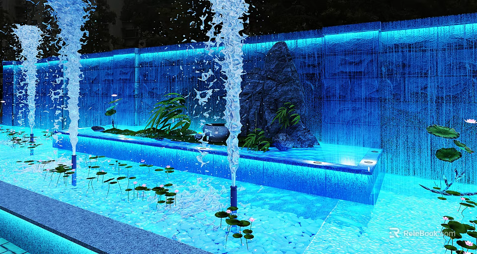 Garden Feature With Waterfall Blue Lighting Rocks Aquatic Plants And Lotus Leaves 3d model 