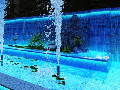Garden Feature With Waterfall Blue Lighting Rocks Aquatic Plants And Lotus Leaves 3d model