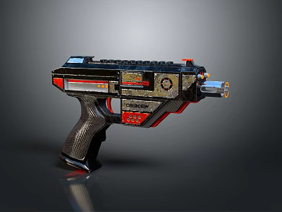 Futuristic Gun with Detailed Design Black Red Accents Textured Grip and Metallic Finish 3d model