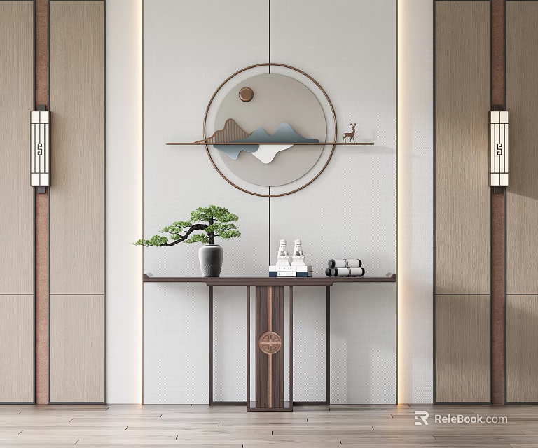 Chinese Style Console Table With Circular Decor Landscape Deer Potted Pine And Wall Lamps 3d model 