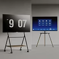 Two Modern TVs Displaying Time And Icon Interface On Rolling Stands 3d model