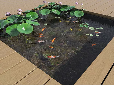 Serene Aquarium Pond With Koi Fish Lotus Leaves And Wooden Deck Design 3d model
