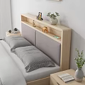 Double Bed In Modern Minimalist Bedroom With Wooden Headboard Green Plant Paintings Nightstand And Curtains