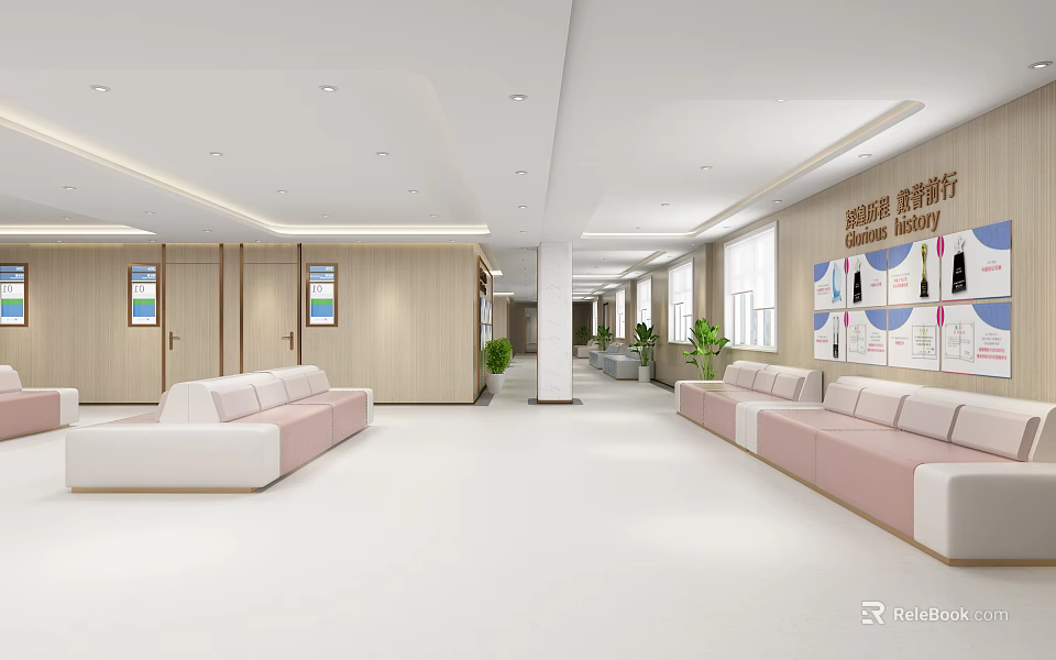 Hospital Outpatient Clinic Waiting Area With Comfortable Sofa Seats And Wall Posters 3d model 