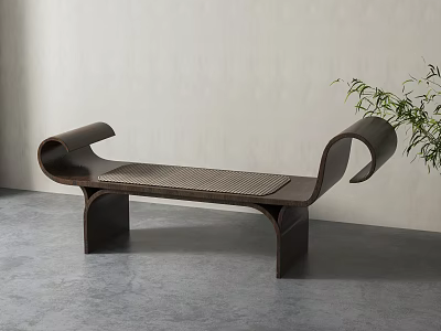 Minimalist Modern Dark Wooden Lounge Chair With Curved Armrests And Woven Seat Design 3d model