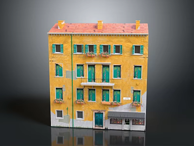 Cartoon Scene Featuring Yellow Building With Red Roof Green Doors And Balconies 3d model