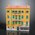 Cartoon Scene Featuring Yellow Building With Red Roof Green Doors And Balconies