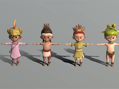 Four Cartoon Characters With Animal Themed Headdresses And Frog Headgear Costumes 3d model