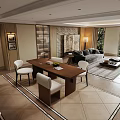 Modern Living and Dining Room Open Concept with Gray Sofa Beige Armchair Marble Accent Wall