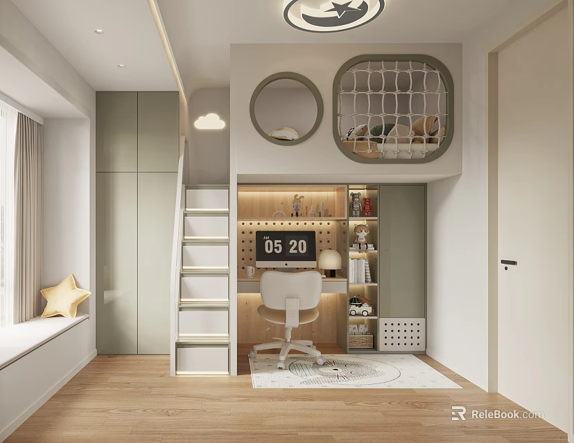Modern Kids Room With Loft Ladder Study Desk And Decor 3d model 