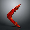 Red Curved Hand Carved Weapon With Carved Face And Eyes Details