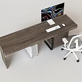 Modern Wooden Office Desk Setup With Monitor Keyboard Mouse And White Office Chair
