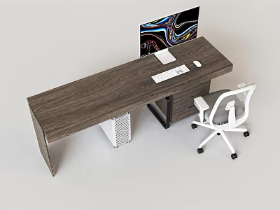 Modern Wooden Office Desk Setup With Monitor Keyboard Mouse And White Office Chair 3d model