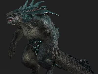 Fierce Fantasy Monster With Blue Spines Glowing Scales And Muscular Build 3d model