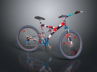 Stylish Bicycle With Unique Red White Blue Geometric Frame And Black Seat Handlebar 3d model