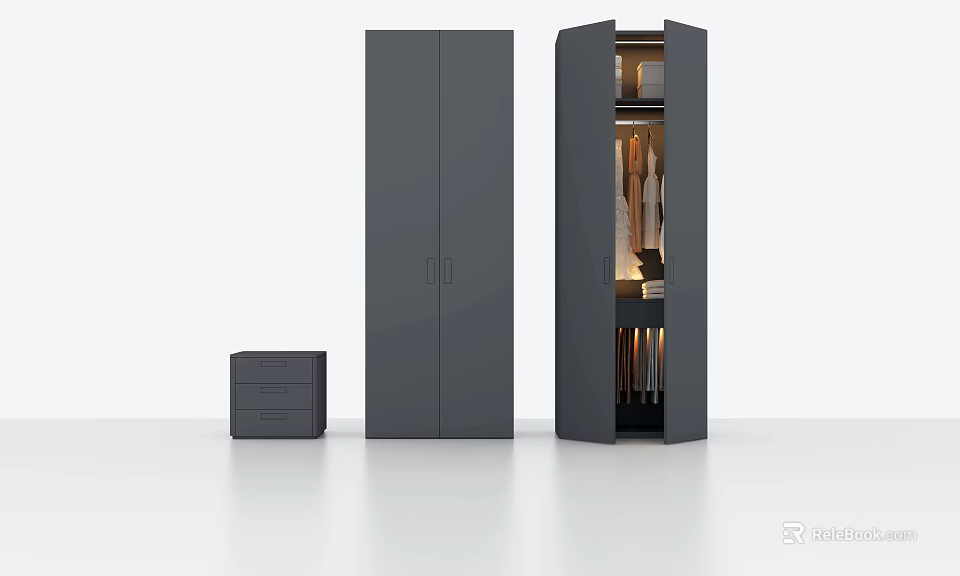 Dark Gray Double Door Wardrobe With Open Door Hanging Clothes And Side Drawer Cabinet 3d model 