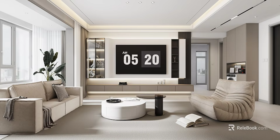 Bright Modern Minimalist Living Room Interior Design With Custom TV Wall And Cozy Sofas 3d model 