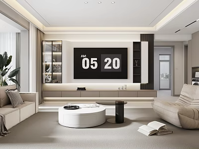 Bright Modern Minimalist Living Room Interior Design With Custom TV Wall And Cozy Sofas 3d model