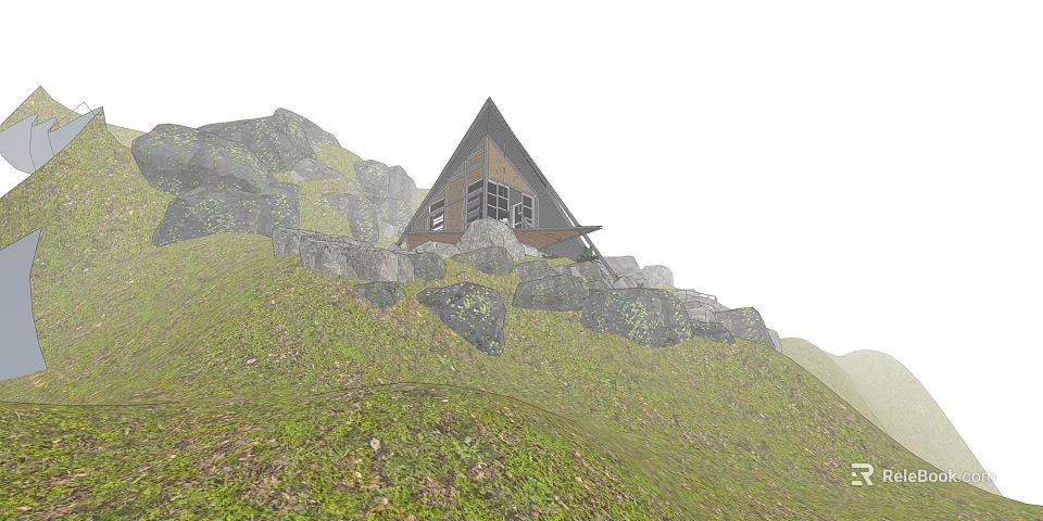 Detached Villa with Triangular Roof in Mountainous Area Surrounded by Rocks and Grassland 3d model 