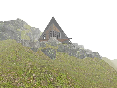 Detached Villa with Triangular Roof in Mountainous Area Surrounded by Rocks and Grassland 3d model