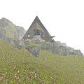 Detached Villa with Triangular Roof in Mountainous Area Surrounded by Rocks and Grassland
