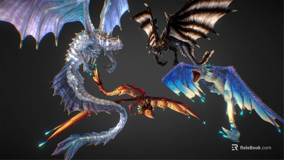Vibrant Colorful Fantasy Dragons With Detailed Wings And Mythical Creature Features 3d model 