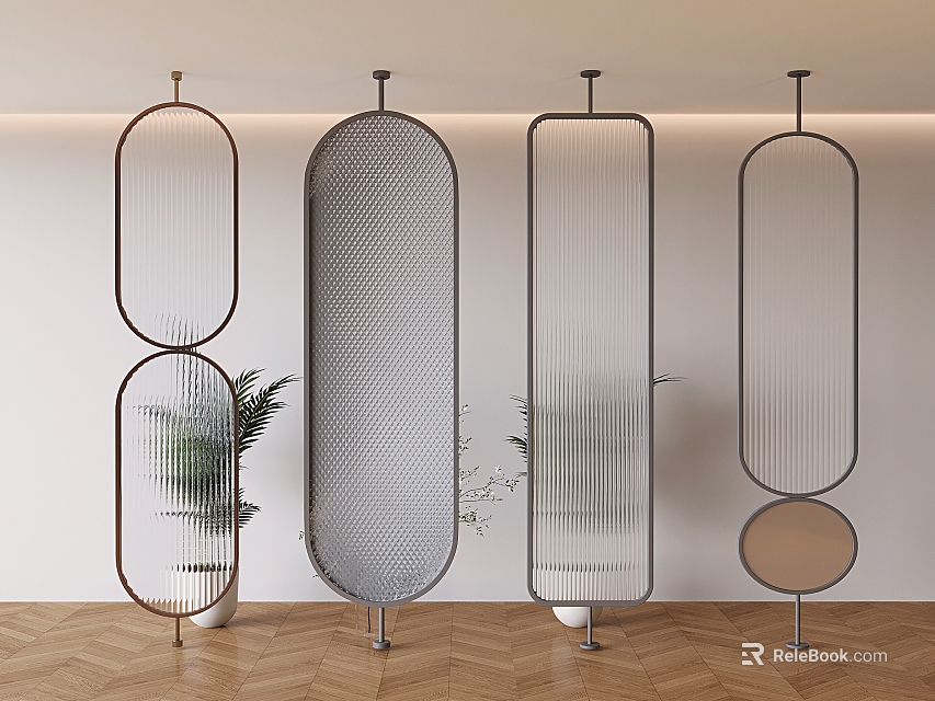 Modern Room Dividers with Metal Frames Mesh Panels Oval Circular Shapes Interior Plants Wooden Floor 3d model 