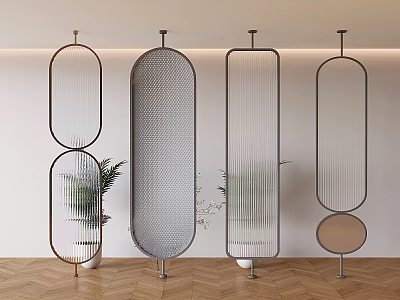 Modern Room Dividers with Metal Frames Mesh Panels Oval Circular Shapes Interior Plants Wooden Floor 3d model