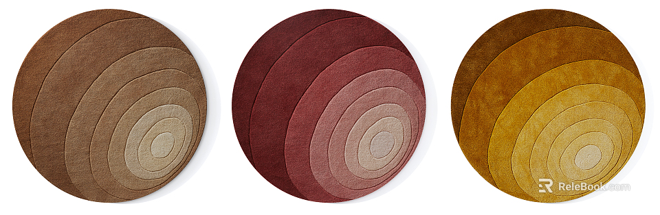 Round Area Rug With Concentric Circles Design In Maroon Beige And Golden Tones 3d model 