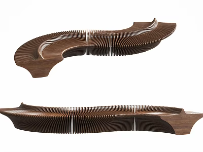 Modern Curved Walnut Outdoor Chair With Striped Structure And Unique Design 3d model