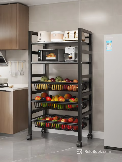 Modern Kitchen Featuring Multi Tier Rack With Microwave Coffee Maker And Fruit Baskets 3d model 