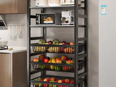 Modern Kitchen Featuring Multi Tier Rack With Microwave Coffee Maker And Fruit Baskets 3d model
