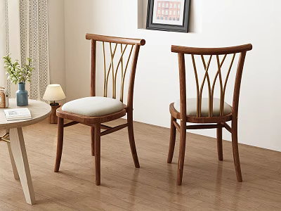 Cozy Wooden Dining Chairs With Curved Backrest And Upholstered Seats In Warm Interior 3d model
