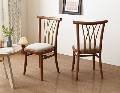 Cozy Wooden Dining Chairs With Curved Backrest And Upholstered Seats In Warm Interior 3d model