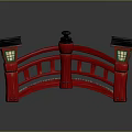 Traditional Japanese Style Red Bridge With Wooden Deck Black Roofs And Lanterns