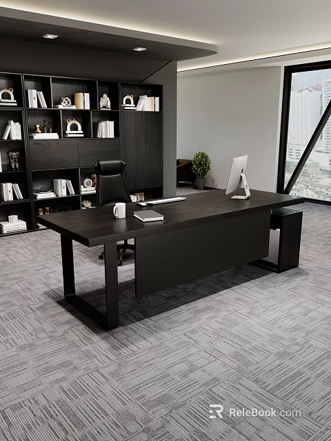 Modern Black Office Desk With Ergonomic Chair Computer Monitor Bookshelf And Potted Plant 3d model 