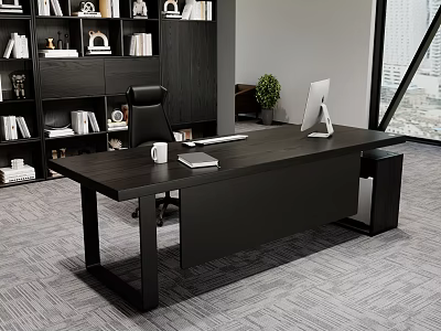 Modern Black Office Desk With Ergonomic Chair Computer Monitor Bookshelf And Potted Plant 3d model