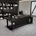 Modern Black Office Desk With Ergonomic Chair Computer Monitor Bookshelf And Potted Plant