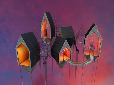 Vibrant Cartoon Scene with Connected Fantasy Houses Orange Interiors Black Roofs Purple Red Background 3d model