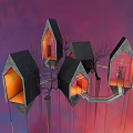 Vibrant Cartoon Scene with Connected Fantasy Houses Orange Interiors Black Roofs Purple Red Background