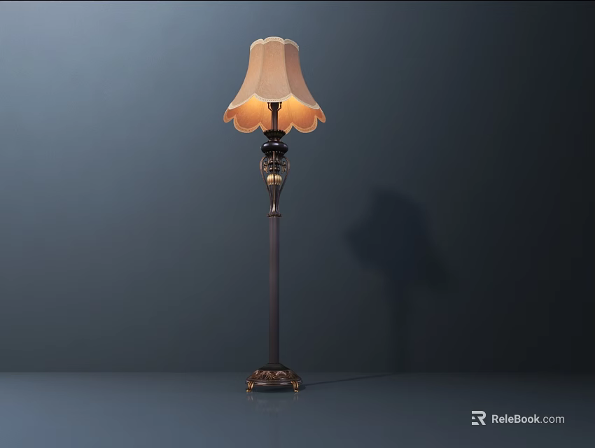 Vintage Illuminated Floor Lamp With Beige Pleated Shade And Decorative Metal Base 3d model 
