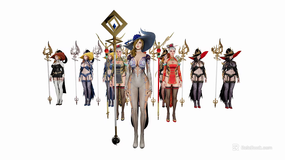 Game Movie Characters Featuring Diverse Outfits Weapons And Unique Costumes 3d model 